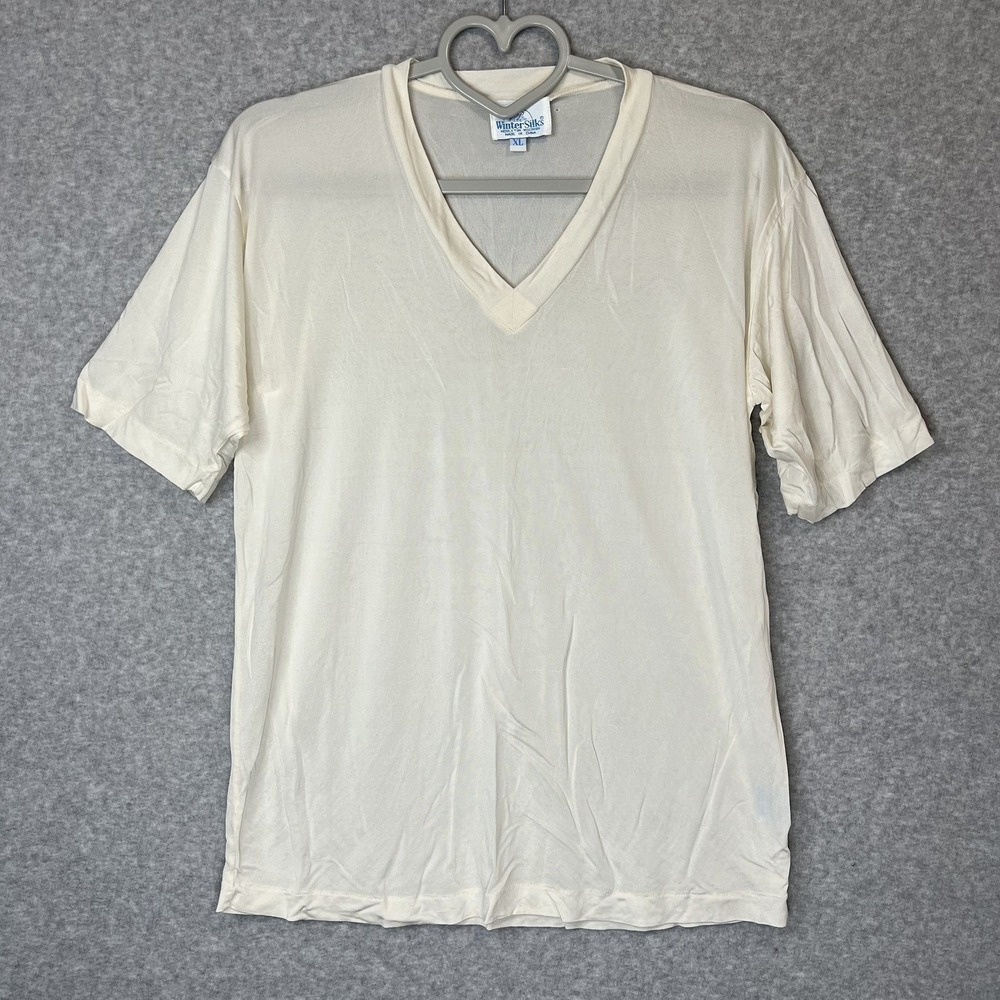WinterSilks XL Ivory 100% Pure Silk V Neck Short Sleeve Tee Shirt